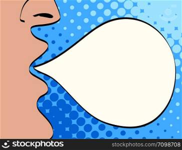Wow pop art man. Man with open mouth screaming announcement on empty speech bulb blue dot background. Vector background in comic retro pop art style. Party invitation poster.