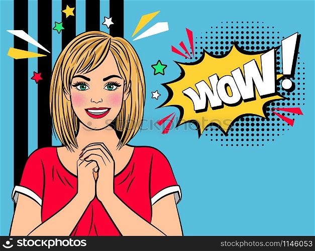 Wow retro girl. Happy vintage woman with folded hands, amazed or surprised expression stunning lady face vector illustration. Wow amazad retro girl