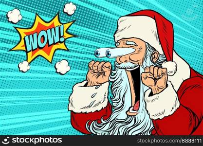 Wow Santa Claus Christmas character emotional reaction. Pop art retro vector illustration. Wow Santa Claus Christmas character emotional reaction