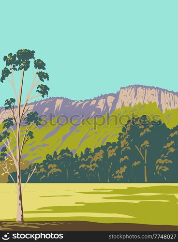 WPA poster art of Bago Bluff National Park situated south west of Wauchope in New South Wales, Australia done in works project administration or federal art project style.. Bago Bluff National Park Situated South West of Wauchope in New South Wales Australia WPA Poster Art