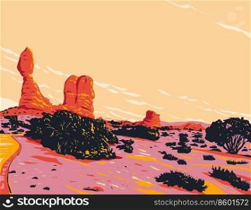 WPA poster art of Balanced Rock Trail in the Balanced RockTrail in Arches National Park located in Moab, Utah, United States USA done in works project administration style.. Balanced Rock Trail in Arches National Park Utah WPA Poster Art
