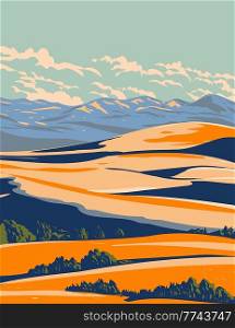 WPA poster art of Coral Pink Sand Dunes State Park between Mount Carmel Junction and Kanab in southwestern Utah United States of America, USA done in works project administration style.. Coral Pink Sand Dunes State Park between Mount Carmel Junction and Kanab in Utah USA WPA Poster Art