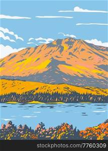 WPA poster art of Fallen Leaf Lake during fall in El Dorado County, California near California Nevada state border south west of Lake Tahoe, United States done in works project administration style.. Fallen Leaf Lake During Fall in El Dorado County California USA WPA Poster Art