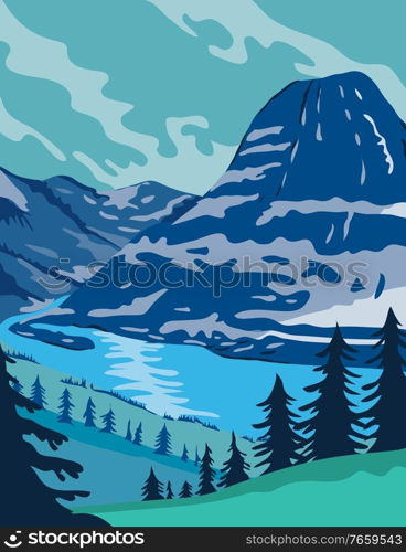 WPA poster art of Glacier National Park with pristine forests, alpine meadows, mountains and lakes located in Montana, United States done in works project administration or federal art project style.. Glacier National Park and Kintla Lake in Montana United States WPA Poster Art Color