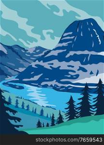 WPA poster art of Glacier National Park with pristine forests, alpine meadows, mountains and lakes located in Montana, United States done in works project administration or federal art project style.. Glacier National Park and Kintla Lake in Montana United States WPA Poster Art Color