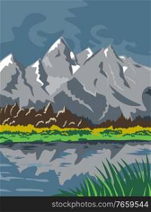 WPA poster art of Grand Teton National Park located south of Yellowstone National Park and north of Jackson Wyoming United States done in works project administration or federal art project style.. Grand Teton National Park Located in Jackson Wyoming United States WPA Poster Art Color