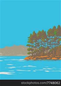 WPA poster art of Lake Catherine State Park on the south shore of Lake Catherine southeast of Hot Springs, Arkansas, United States of America USA done in works project administration style.. Lake Catherine State Park on South Shore of Lake Catherine Southeast of Hot Springs Arkansas WPA Poster Art
