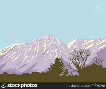 WPA poster art of Monument Peak and East Peak in South Lake Tahoe as viewed from Gardnerville in Douglas County, Nevada, United States USA done in works project administration style.. Monument Peak and East Peak in South Lake Tahoe California WPA Poster Art
