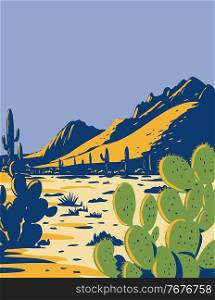 WPA poster art of prickly pear cactus or opuntia growing in Ironwood Forest National Monument located in the Sonoran Desert of Arizona done in works project administration style.. Prickly Pear Cactus or Opuntia Growing in Ironwood Forest National Monument Located in the Sonoran Desert of Arizona WPA Poster Art