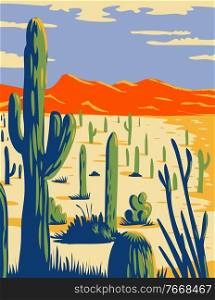WPA poster art of Saguaro National Park with giant Saguaro cactus growing in Sonoran Desert in Pima County, Arizona, United States done in works project administration or federal art project style.. Saguaro National Park with Giant Saguaro Cactus in Sonoran Desert Pima County Arizona WPA Poster Art