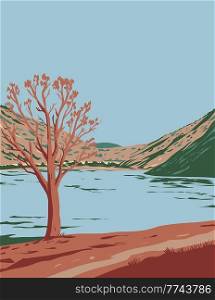 WPA poster art of Spring Valley State Park with Eagle Valley Reservoir in eastern Nevada, United States of America USA done in works project administration style.. Spring Valley State Park with Eagle Valley Reservoir in Eastern Nevada USA WPA Poster Art 