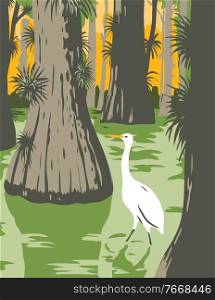 WPA poster art of the Everglades National Park, an American national park in Florida with egret in mangrove sw&and cypress trees done in works project administration or federal art project style.. Everglades National Park with Egret in Mangrove and Cypress Trees WPA Poster Art 