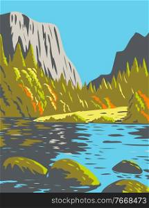 WPA poster art of the Voyageurs National Park during fall, an American national park in Minnesota near town of International Falls done in works project administration or federal art project style.. Voyageurs National Park During Fall in Minnesota United States of America WPA Poster Art 