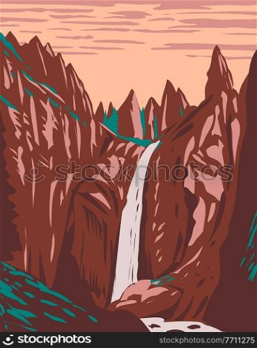 WPA poster art of Tower Fall on Tower Creek located in northeastern Yellowstone National Park, Wyoming United States done in works project administration style or federal art project style.. Tower Fall on Tower Creek Located in Northeastern Yellowstone National Park Wyoming USA WPA Poster Art