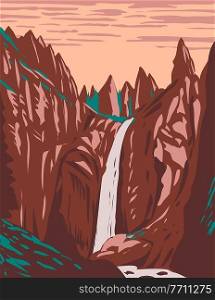 WPA poster art of Tower Fall on Tower Creek located in northeastern Yellowstone National Park, Wyoming United States done in works project administration style or federal art project style.. Tower Fall on Tower Creek Located in Northeastern Yellowstone National Park Wyoming USA WPA Poster Art