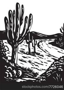 WPA poster monochrome art of the Saguaro National Park located in Pima County, southeastern Arizona, USA done in works project administration black and white style.. WPA Art Saguaro National Park in Pima County Arizona USA Grayscale Black and White