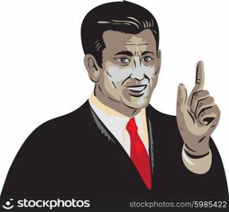 WPA style illustration of a businessman pointing up smiling viewed from front set on isolated white background. . Businessman Pointing Up WPA