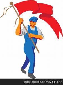 WPA style illustration of a worker marching flag bearer viewed from front set on isolated white background. . Worker Marching Flag Bearer WPA