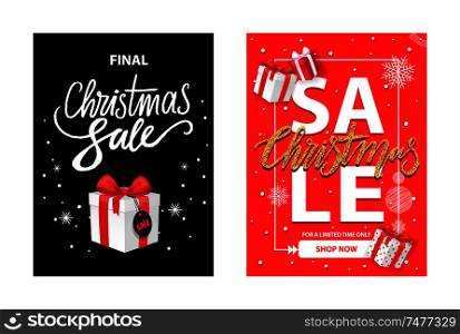 Wrapped Xmas box with price tag isolated on black and red, snowflakes. Surprises on winter season of discounts, vector totally final Christmas sale leaflets. Totally Final Christmas Sale, Wrapped Xmas Box