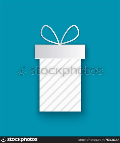 Wrapped Xmas present cut out icon, isolated on blue. Vector package box, stripes decorations, surprise on Christmas and New Year, topped by bow. Wrapped Xmas Present Cut Out Icon, Isolated Blue
