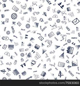 Wrapping decorated by seamless objects, dollar and euro, growing chart and diagram, pc and paper, idea symbol and sale, currency and calendar vector. Seamless pattern on white background. Finance Seamless Symbol, Currency and Chart Vector