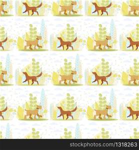 Wrapping Paper, Textile Decor with Purebred Dogs Walking in Green Forest. Seamless Pattern, Decorative Background with Cute Pet, Shaggy Terrier, Retriever Puppies on Nature Flat Vector Illustrations