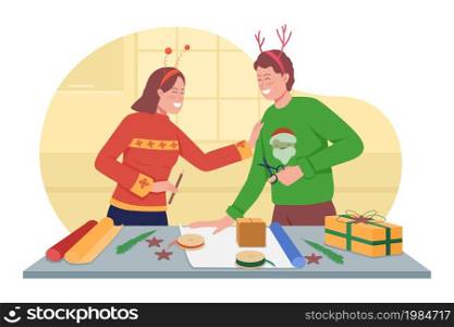 Wrapping presents for Christmas 2D vector isolated illustration. Festive season. New Year. Happy couple flat characters on cartoon background. New Year preparation activity colourful scene. Wrapping presents for Christmas 2D vector isolated illustration