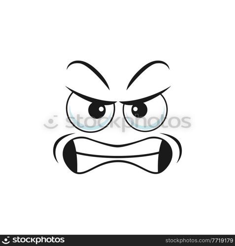 Wrathy sad emoticon with angry smile, social network chatting sign isolated icon. Vector grumpy sullen emoji, ireful or rageful smiley facial emotion. Irritated angry smiley in bad mood, rageful smile. Angry smiley isolated irritated emoticon icon