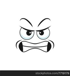 Wrathy sad emoticon with angry smile, social network chatting sign isolated icon. Vector grumpy sullen emoji, ireful or rageful smiley facial emotion. Irritated angry smiley in bad mood, rageful smile. Angry smiley isolated irritated emoticon icon