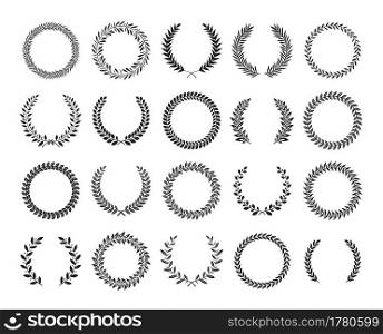 Wreath circle. Black laurel crest with branches and leaves. Peace and award circular floral symbol. Decorative heraldry plant round signs collection. Isolated luxury triumph badge. Vector icons set. Wreath circle. Black laurel crest with branches and leaves. Peace and award circular floral symbol. Decorative heraldry plant signs collection. Isolated triumph badge. Vector icons set