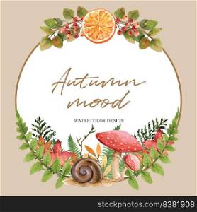 Wreath Design with Autumn theme, watercolour bright foliage vector illustration Template
