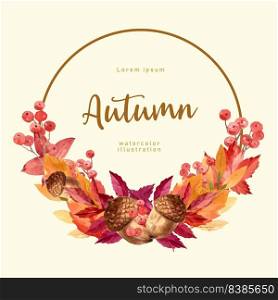 Wreath Design with Autumn theme, watercolour forest vector illustration Template