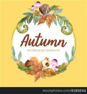 Wreath Design with Autumn theme, watercolour pumpkin sunflower vector illustration Template