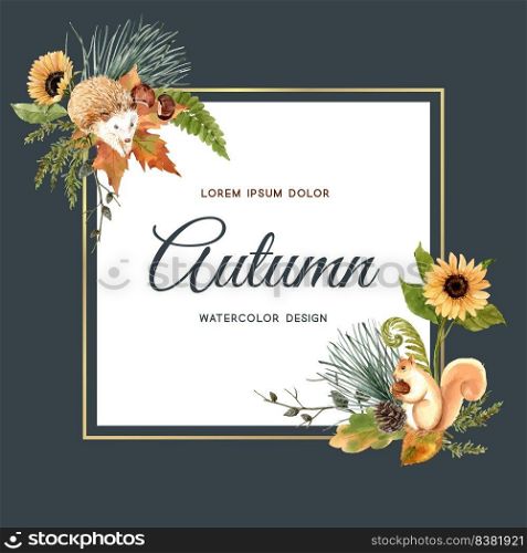 Wreath Design with Autumn theme, watercolour small animal illustration Template