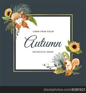 Wreath Design with Autumn theme, watercolour small animal illustration Template