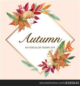 Wreath Design with Autumn theme, watercolour small animal vector illustration Template