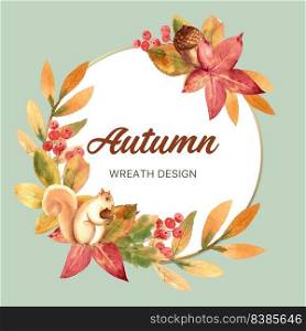 Wreath Design with Autumn theme, watercolour sunflower and foliage vector illustration Template
