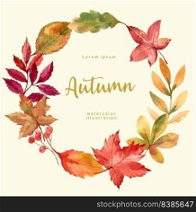 Wreath Design with Autumn theme, watercolour wild life vector illustration Template