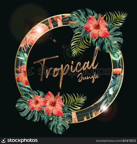 Wreath Design with circle border, hibiscus and monstera vector illustration template.