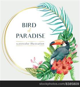 Wreath Design with parrot and hibiscus theme, colorful vector illustration template