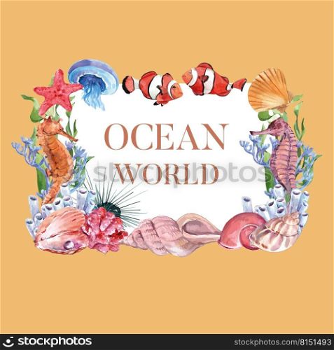 Wreath Design with sea animal watercolor, yellow background vector illustration Template