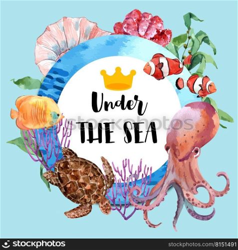 Wreath Design with sealife theme, creative colorful vector illustration Template