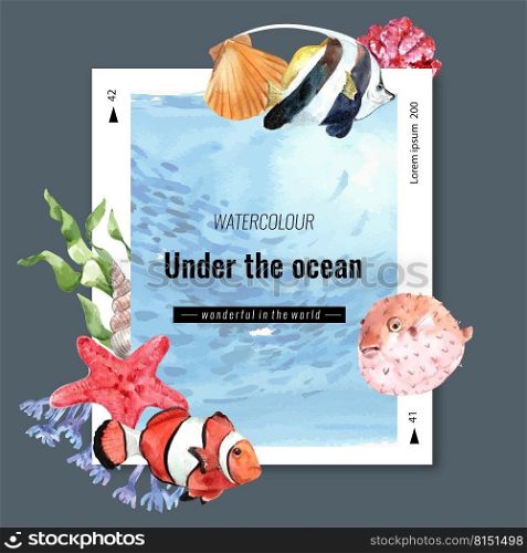 Wreath Design with sealife theme, fish with kelp watercolor vector illustration Template