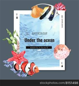 Wreath Design with sealife theme, fish with kelp watercolor vector illustration Template