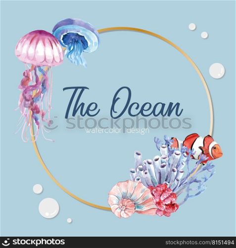 Wreath Design with sealife theme, light blue background vector illustration Template