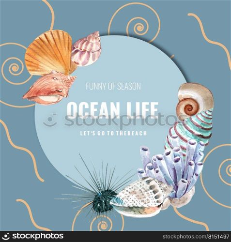 Wreath Design with sealife theme, shells and coral watercolor vector illustration Template