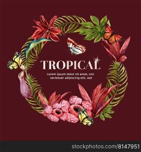 Wreath Design with tropical theme, butterfly, flowers and foliage vector illustration template.