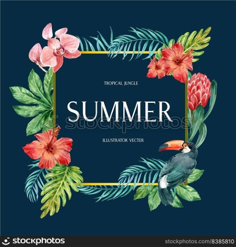Wreath Design with tropical theme, Toucan with foliage vector illustration template