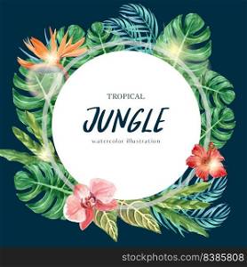 Wreath Design with tropical theme, wild animal with foliage watercolor vector illustration template.