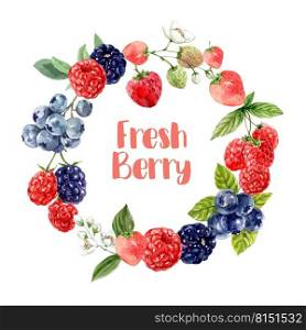Wreath Design with various mixberry fruits, vibrant color vector illustration Template